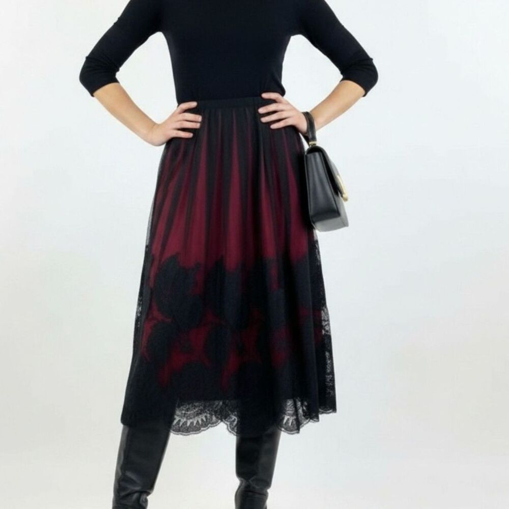 Nic + Zoe‎ Black & Red Tulle Floral Embroidered A Line Midi Skirt 10